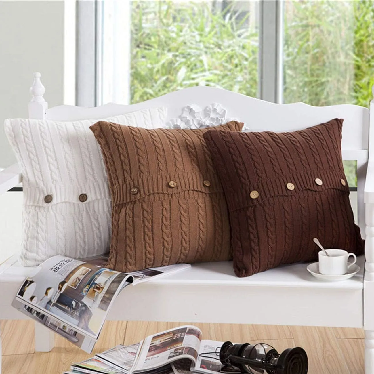Cotton Knitted Decorative Soft Warm Throw Pillow Case Cushion Cover Home Decor Pillow Cover with Buttons 18" x 18" (Cover Only, Brown)
