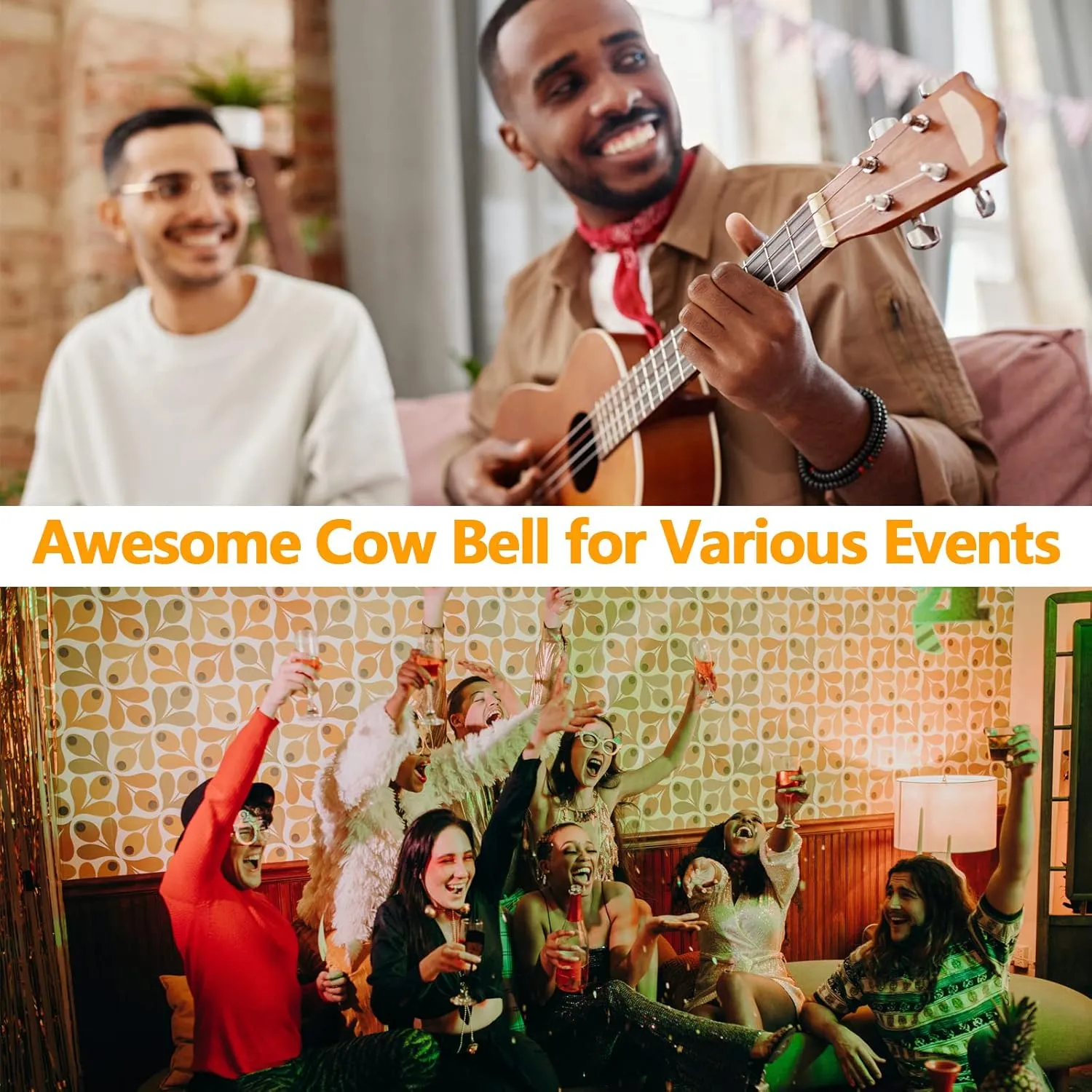 Cowbells 2pcs,Steel Cow Bell 8 inch with Handle,Cheering Hand Bell for Sports Events,Football Games,Party,Farm,Hand Chimes Musical Instruments (8 inch, Black)