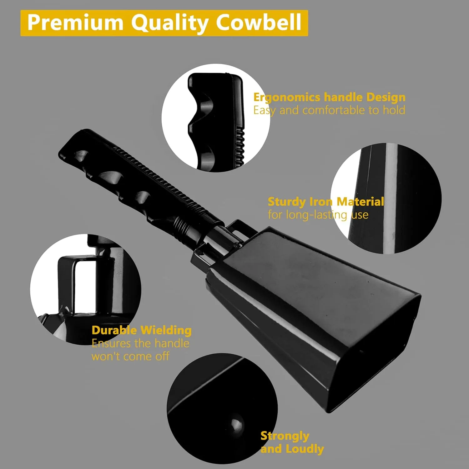 Cowbells 2pcs,Steel Cow Bell 8 inch with Handle,Cheering Hand Bell for Sports Events,Football Games,Party,Farm,Hand Chimes Musical Instruments (8 inch, Black)