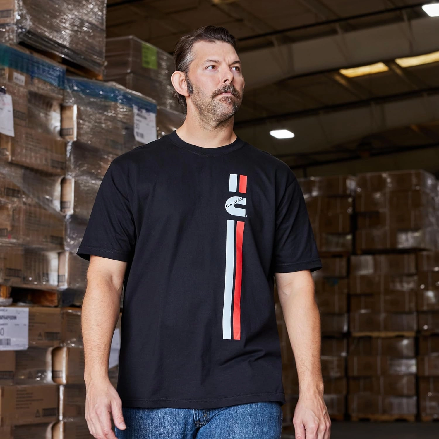 Cummins Vertical Racing Stripes T Shirts for Men and Women Crew Neck Trucker Apparel Logo Black