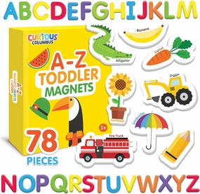 Curious Columbus Magnetic Objects and Letters. Set of 78 Foam Magnets Including 52 Pictures and 26 Uppercase Alphabet Magnets from A-Z. Educational Toy for Preschool Learning