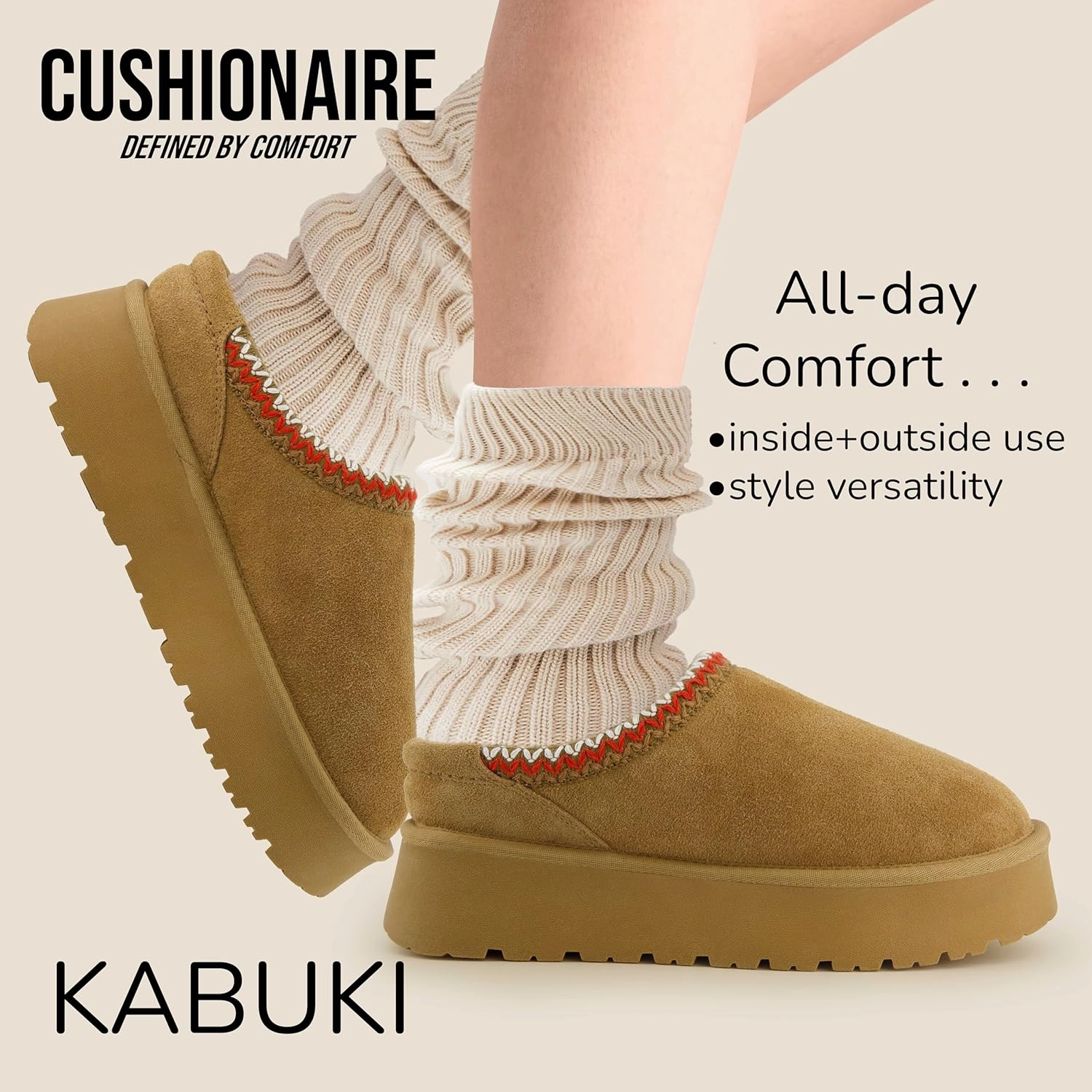 CUSHIONAIRE Kabuki Platform Boots Genuine Suede Fuzzy Mule Slippers for Women with Memory Foam | Indoor/Outdoor Womens Slippers | Wide Widths Available