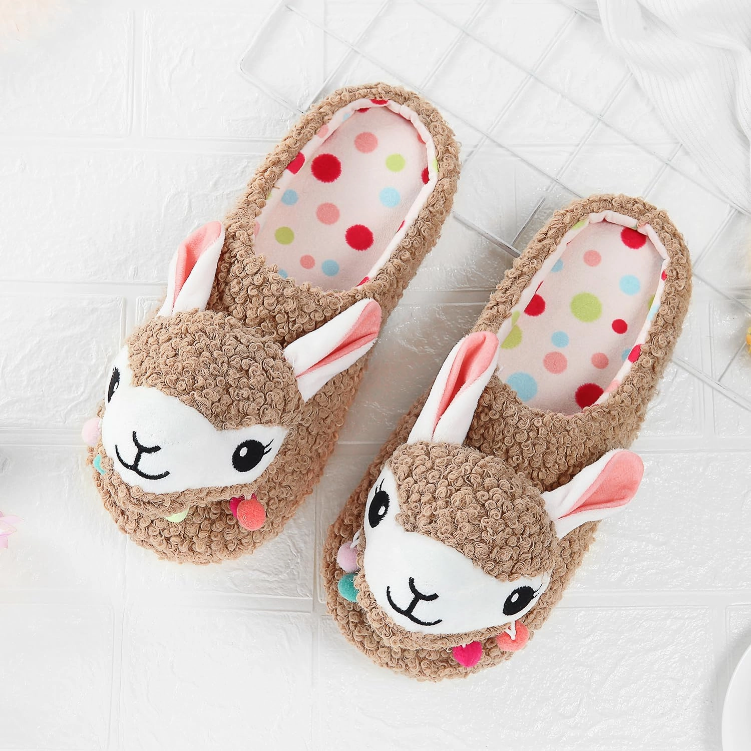 Cute Animal Slippers - Soft Fuzzy Alpaca & Llama Memory Foam for Women - Indoor Warm Non-Slip Bedroom Slippers