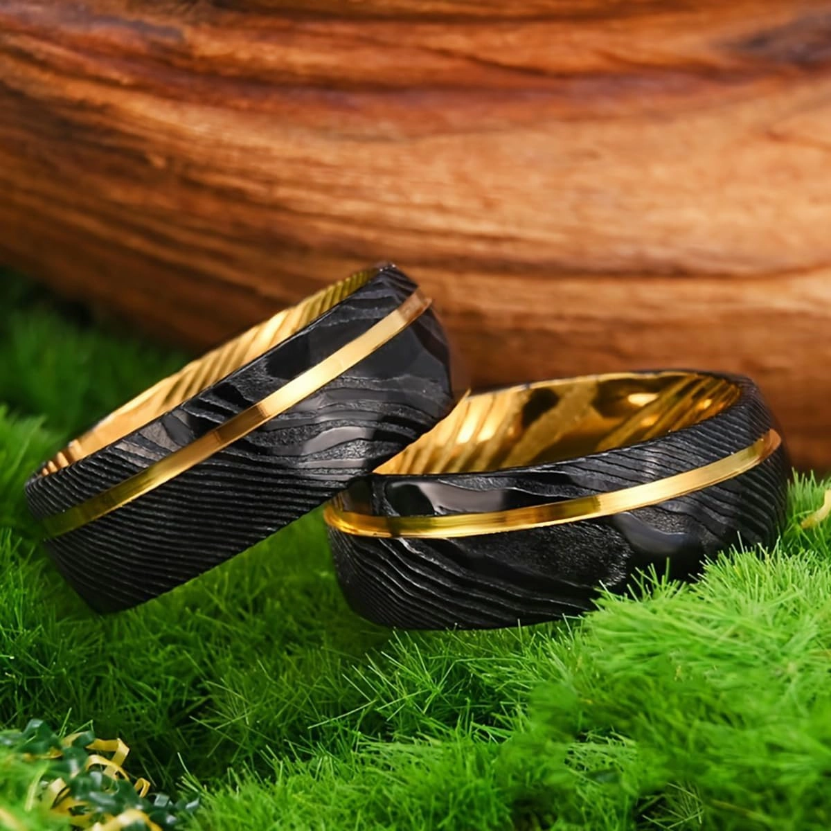 Damascus Steel Rings for Men Women 8mm Black Hammered Inlaid Golden Groove Men's Engagement Wedding Bands Classic Fashion High Polish