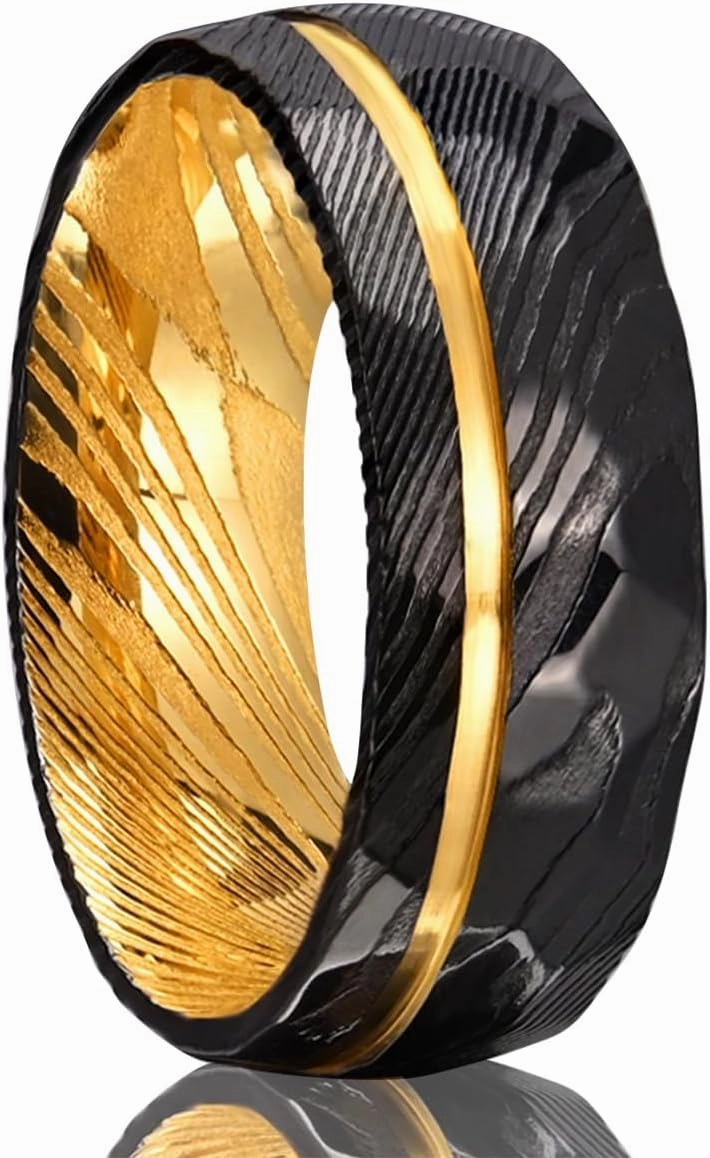 Damascus Steel Rings for Men Women 8mm Black Hammered Inlaid Golden Groove Men's Engagement Wedding Bands Classic Fashion High Polish