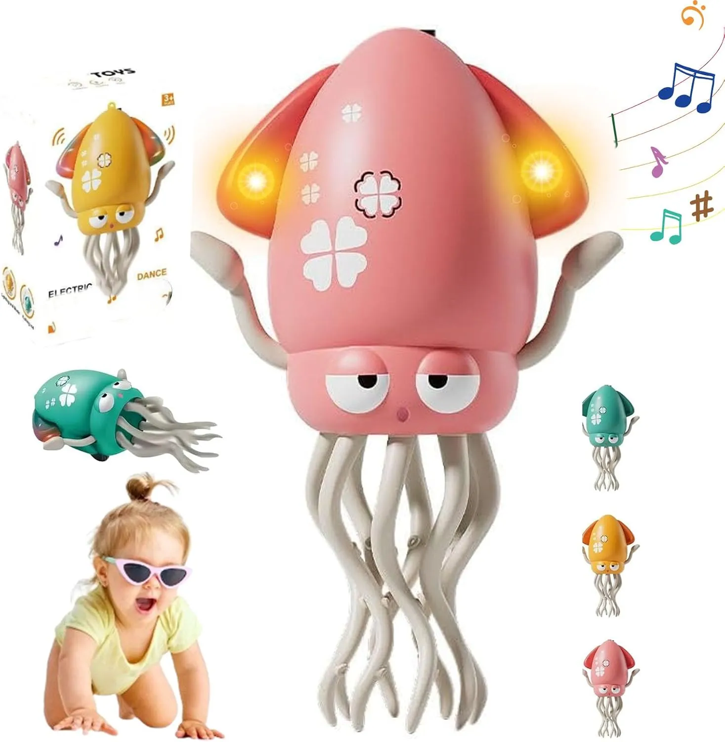Dancing Octopus Toy, Smart Tentacle Explorer, Wiggly Wonder Octopus with Auto-Avoid, Electric Crawling Dancing Octopus Toy with LED Lights & Music, for Indoor Play & Sensory Development (Pink)