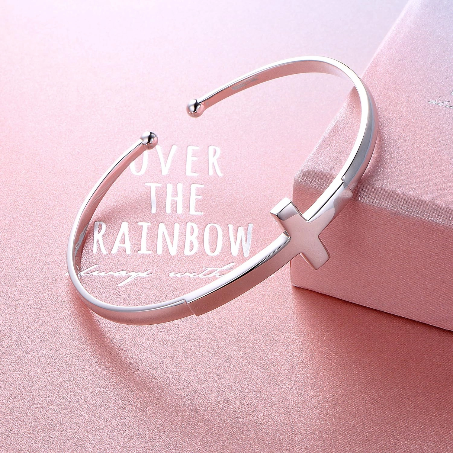 DAOCHONG Sterling Silver Sideways Cross Bangle - Faith Hope Love Engraved Bracelet With Love Heart Circle for Women, Sister, Girlfriend Gift