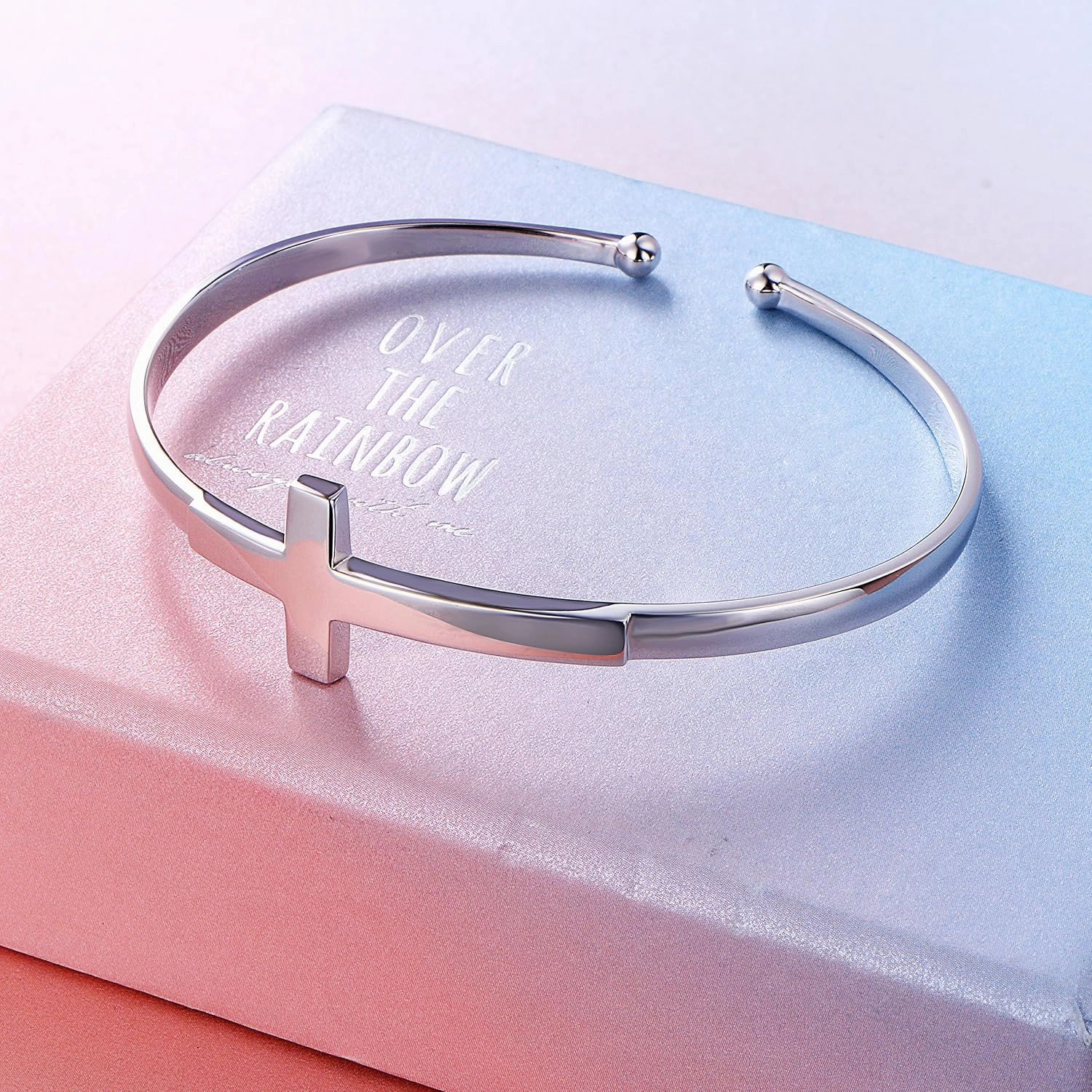 DAOCHONG Sterling Silver Sideways Cross Bangle - Faith Hope Love Engraved Bracelet With Love Heart Circle for Women, Sister, Girlfriend Gift
