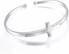 DAOCHONG Sterling Silver Sideways Cross Bangle - Faith Hope Love Engraved Bracelet With Love Heart Circle for Women, Sister, Girlfriend Gift