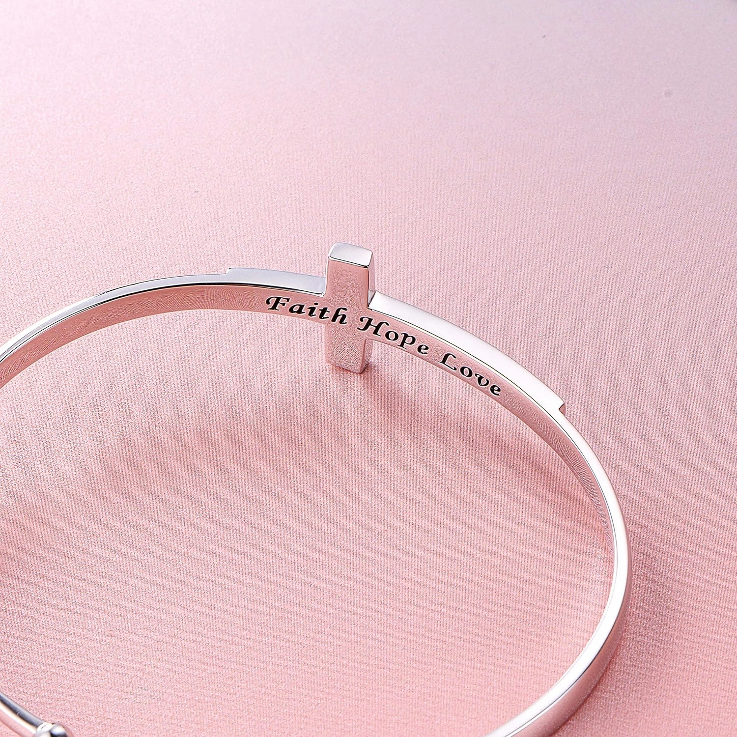 DAOCHONG Sterling Silver Sideways Cross Bangle - Faith Hope Love Engraved Bracelet With Love Heart Circle for Women, Sister, Girlfriend Gift