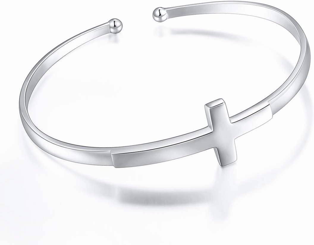 DAOCHONG Sterling Silver Sideways Cross Bangle - Faith Hope Love Engraved Bracelet With Love Heart Circle for Women, Sister, Girlfriend Gift
