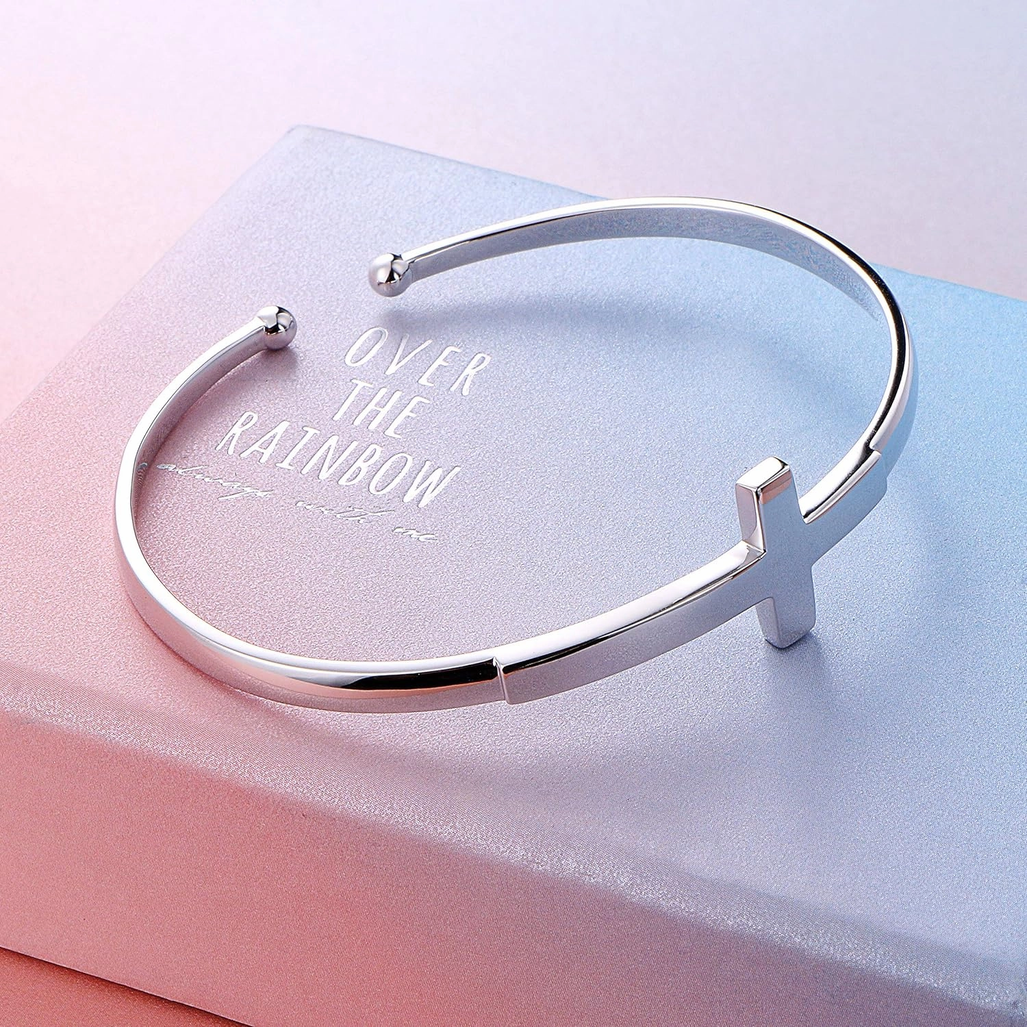 DAOCHONG Sterling Silver Sideways Cross Bangle - Faith Hope Love Engraved Bracelet With Love Heart Circle for Women, Sister, Girlfriend Gift