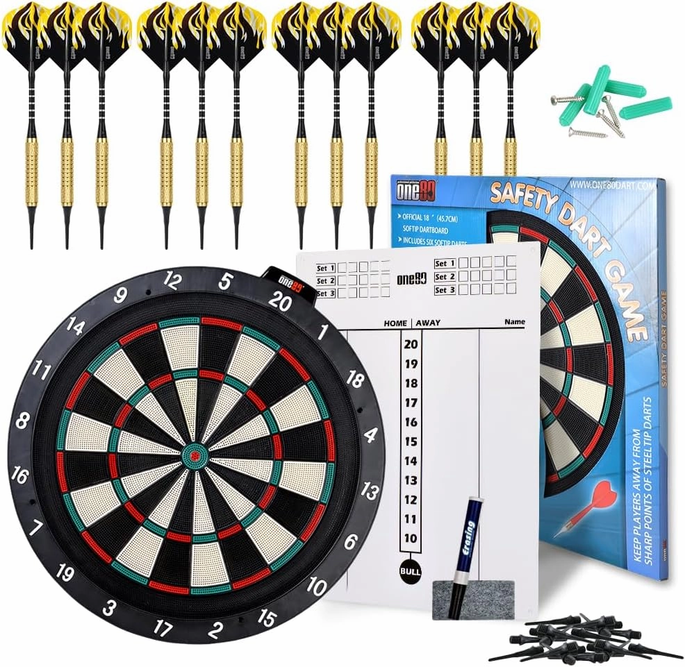 Dartboard 18' Plastic Board with 12 Soft Tip Darts, 20 Extra Tips, Mounting Kit