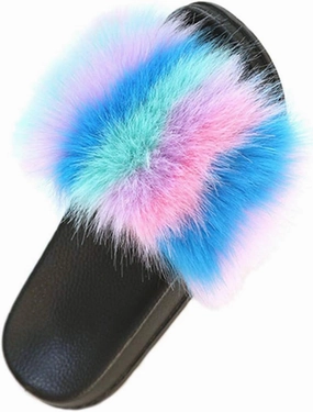 DAYISS Women Faux Fox Fur Slippers Summer Feather Open Toe Single Strap Slip On Sandals