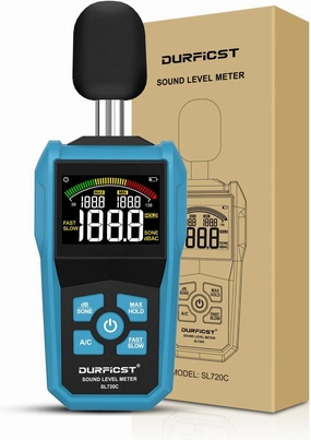 Decibel Meter, DURFICST Sound Level Meter, Portable Level Meter, dB/SONE Units Fast Switching, with LCD Colour Screen, Backlight, A/C Counterweight, Sound meter for home and construction sites