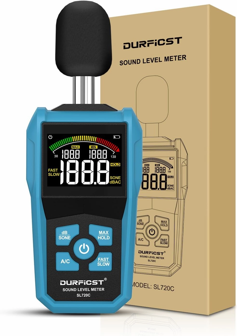 Decibel Meter, DURFICST Sound Level Meter, Portable Level Meter, dB/SONE Units Fast Switching, with LCD Colour Screen, Backlight, A/C Counterweight, Sound meter for home and construction sites