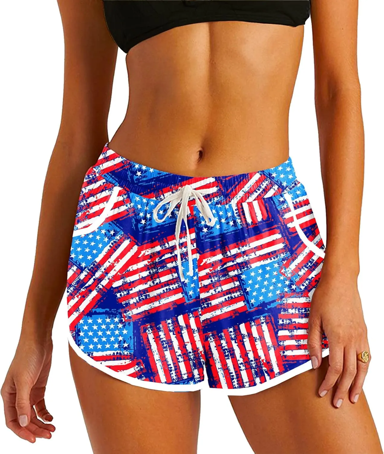 Deerose Women 4th of July Board Shorts Hawaiian Tropical Print Beach Swim Shorts with Pockets