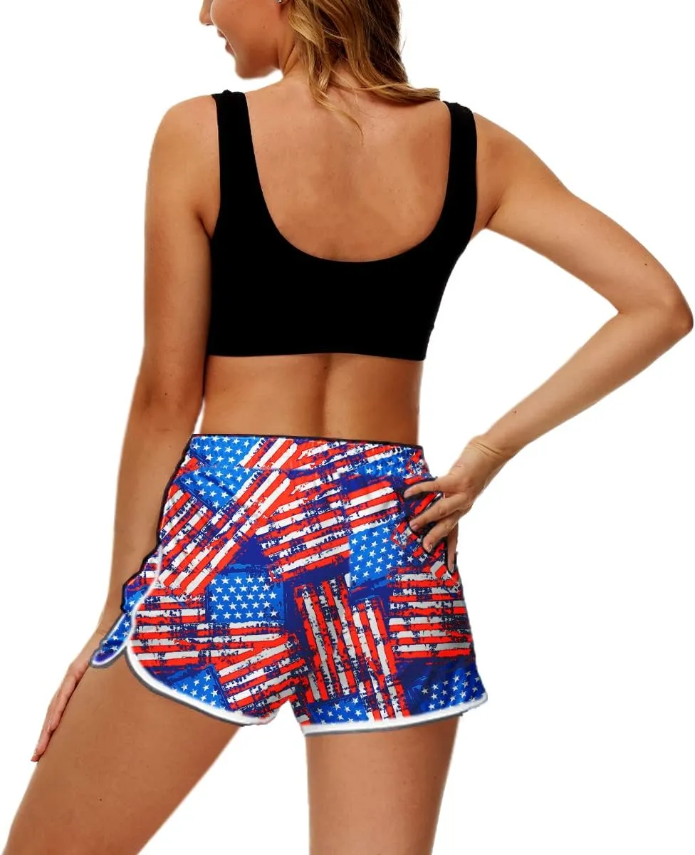 Deerose Women 4th of July Board Shorts Hawaiian Tropical Print Beach Swim Shorts with Pockets