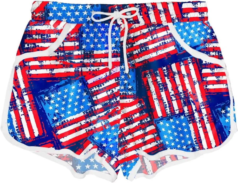 Deerose Women 4th of July Board Shorts Hawaiian Tropical Print Beach Swim Shorts with Pockets