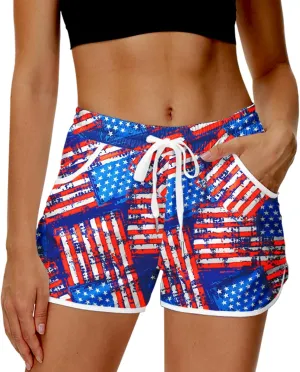 Deerose Women 4th of July Board Shorts Hawaiian Tropical Print Beach Swim Shorts with Pockets