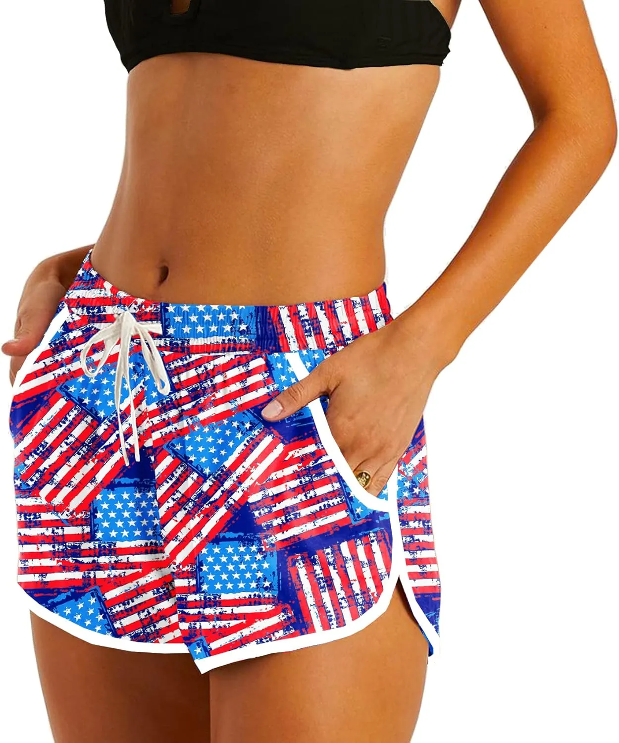 Deerose Women 4th of July Board Shorts Hawaiian Tropical Print Beach Swim Shorts with Pockets