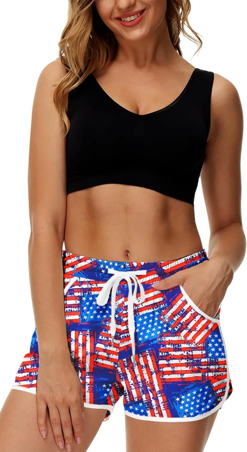 Deerose Women 4th of July Board Shorts Hawaiian Tropical Print Beach Swim Shorts with Pockets