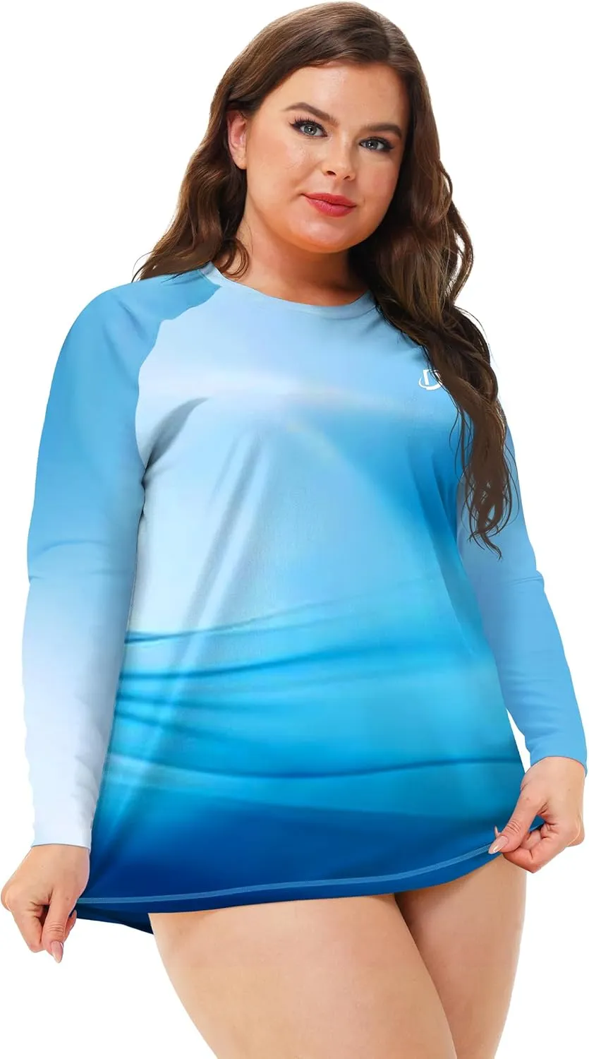 Deerose Womens Plus Size Rash Guard Long Sleeve Swim Shirts with Thumb Hole