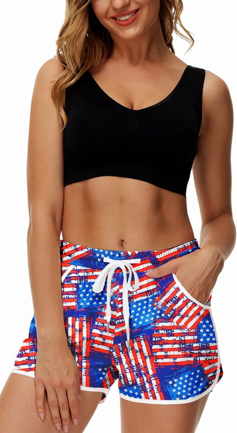 Deerose Women 4th of July Board Shorts Hawaiian Tropical Print Beach Swim Shorts with Pockets