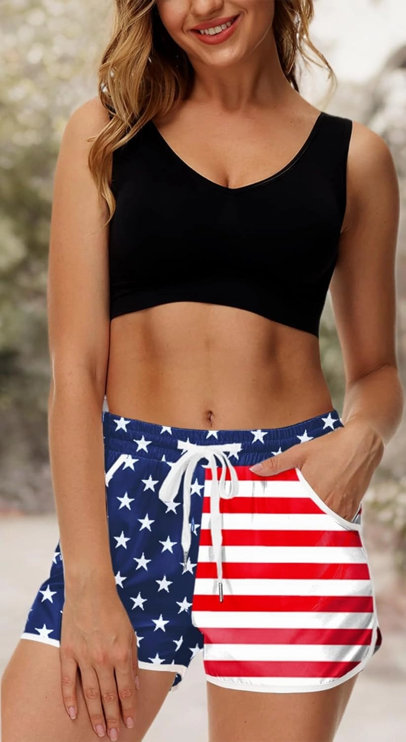 Deerose Women 4th of July Board Shorts Hawaiian Tropical Print Beach Swim Shorts with Pockets