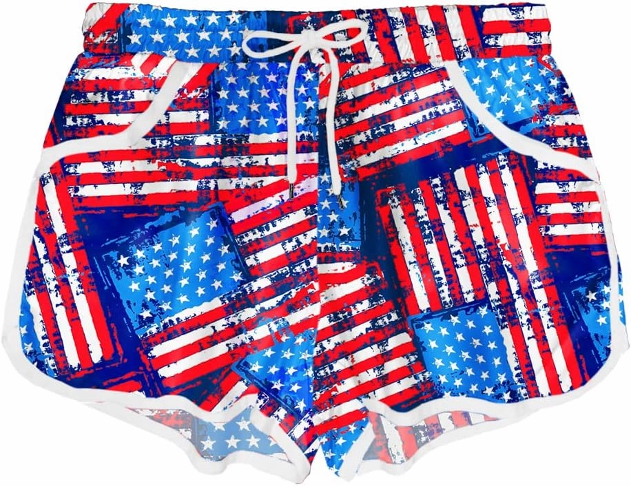 Deerose Women 4th of July Board Shorts Hawaiian Tropical Print Beach Swim Shorts with Pockets