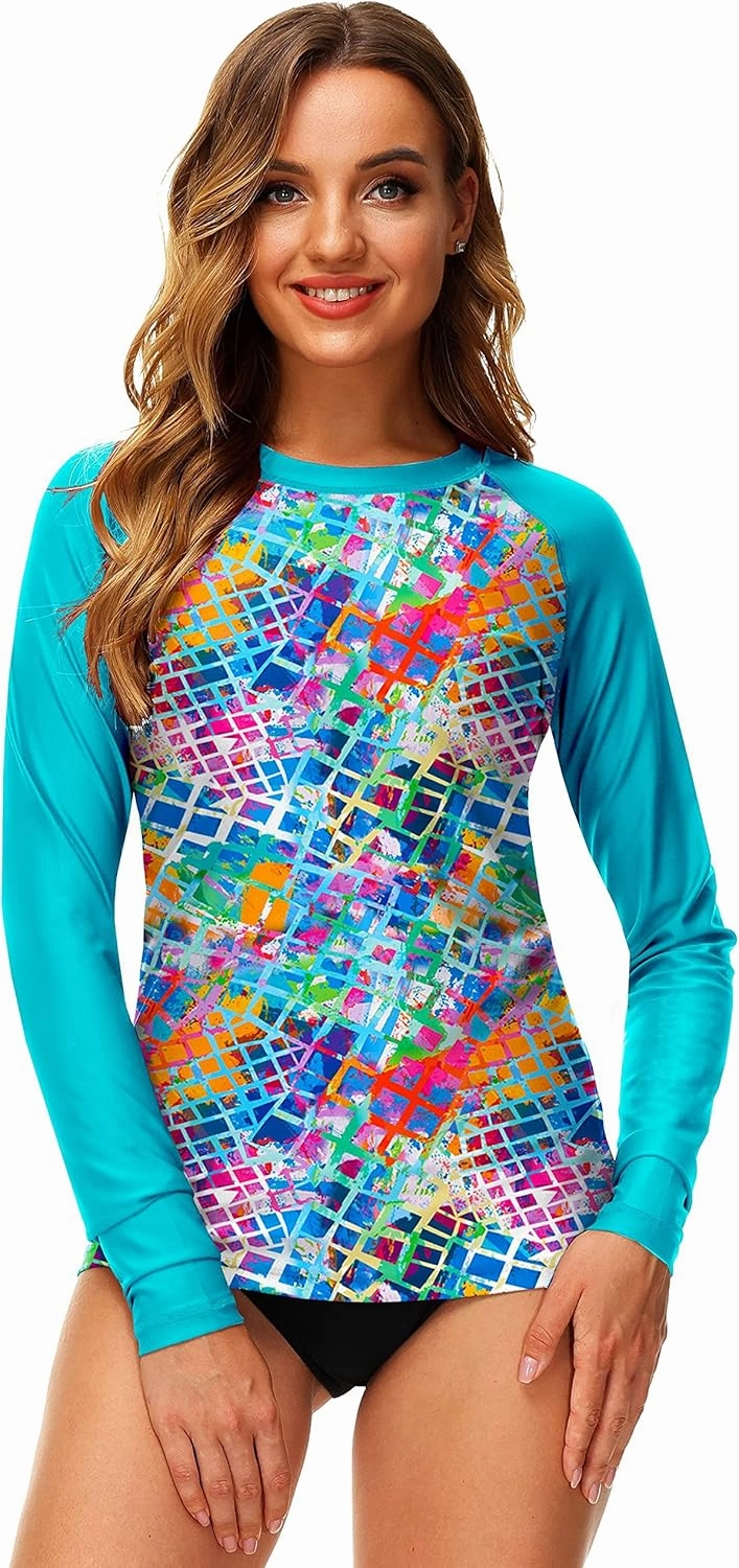 Deerose Women UPF 50  Rash Guard Printed Swim Shirts Surf Swimwear Top