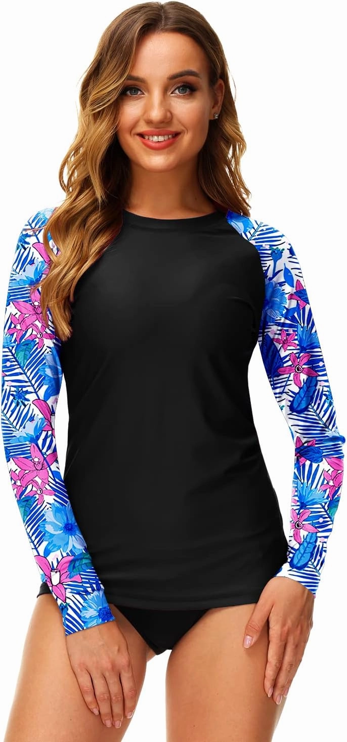 Deerose Women UPF 50  Rash Guard Printed Swim Shirts Surf Swimwear Top