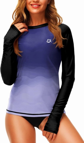 Deerose Womens Gradient Rash Guard UPF 50  Swim Shirts Surfing Top with Thumb Hole