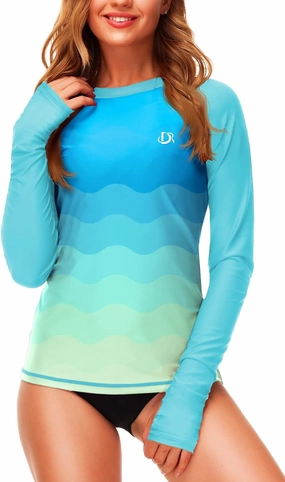 Deerose Womens Gradient Rash Guard UPF 50  Swim Shirts Surfing Top with Thumb Hole