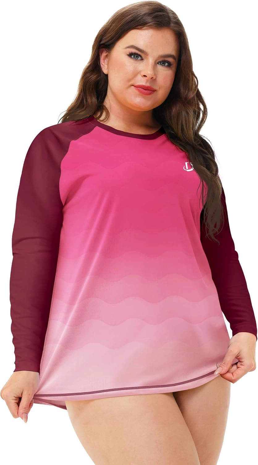 Deerose Womens Plus Size Rash Guard Long Sleeve Swim Shirts with Thumb Hole