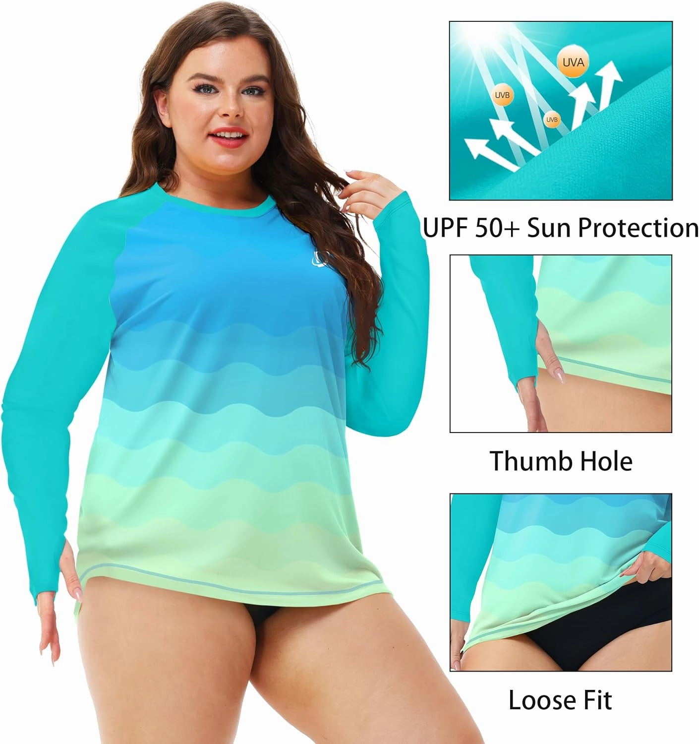 Deerose Womens Plus Size Rash Guard Long Sleeve Swim Shirts with Thumb Hole