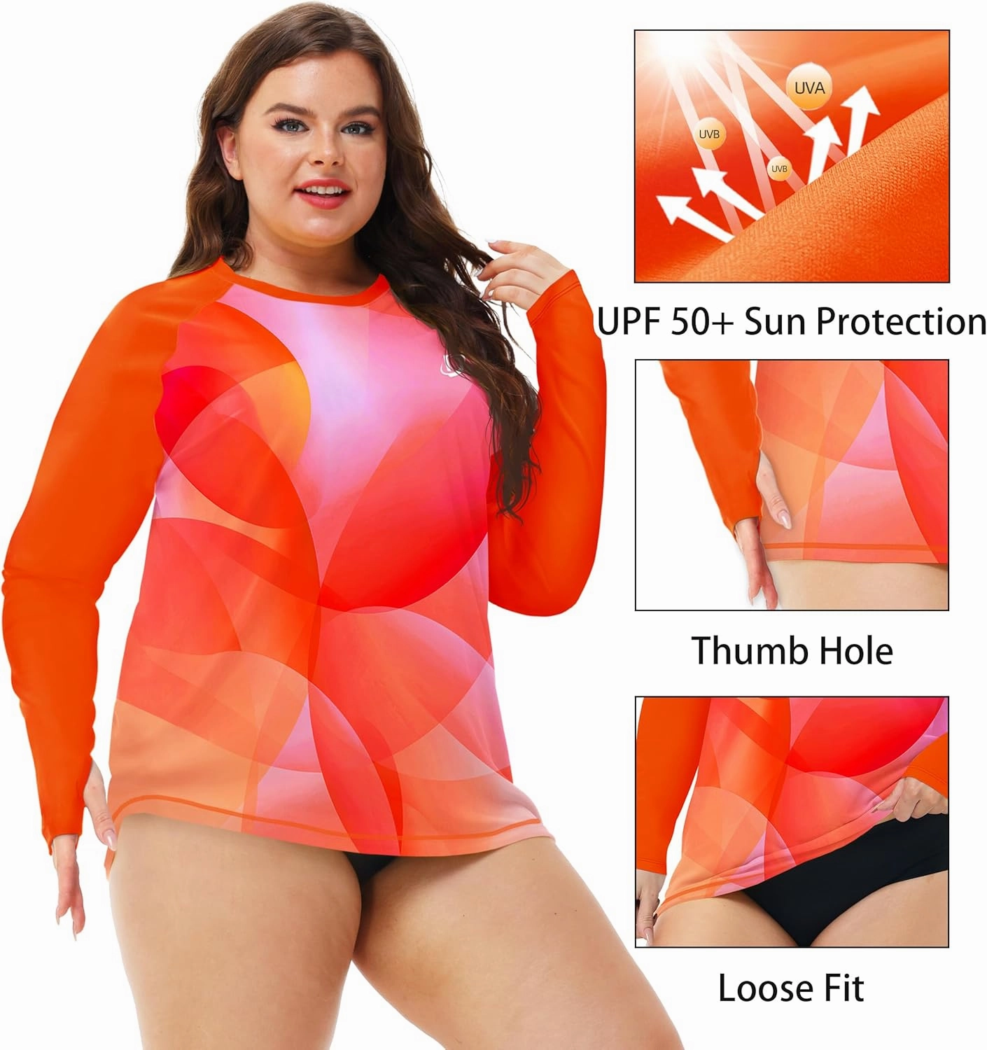 Deerose Womens Plus Size Rash Guard Long Sleeve Swim Shirts with Thumb Hole