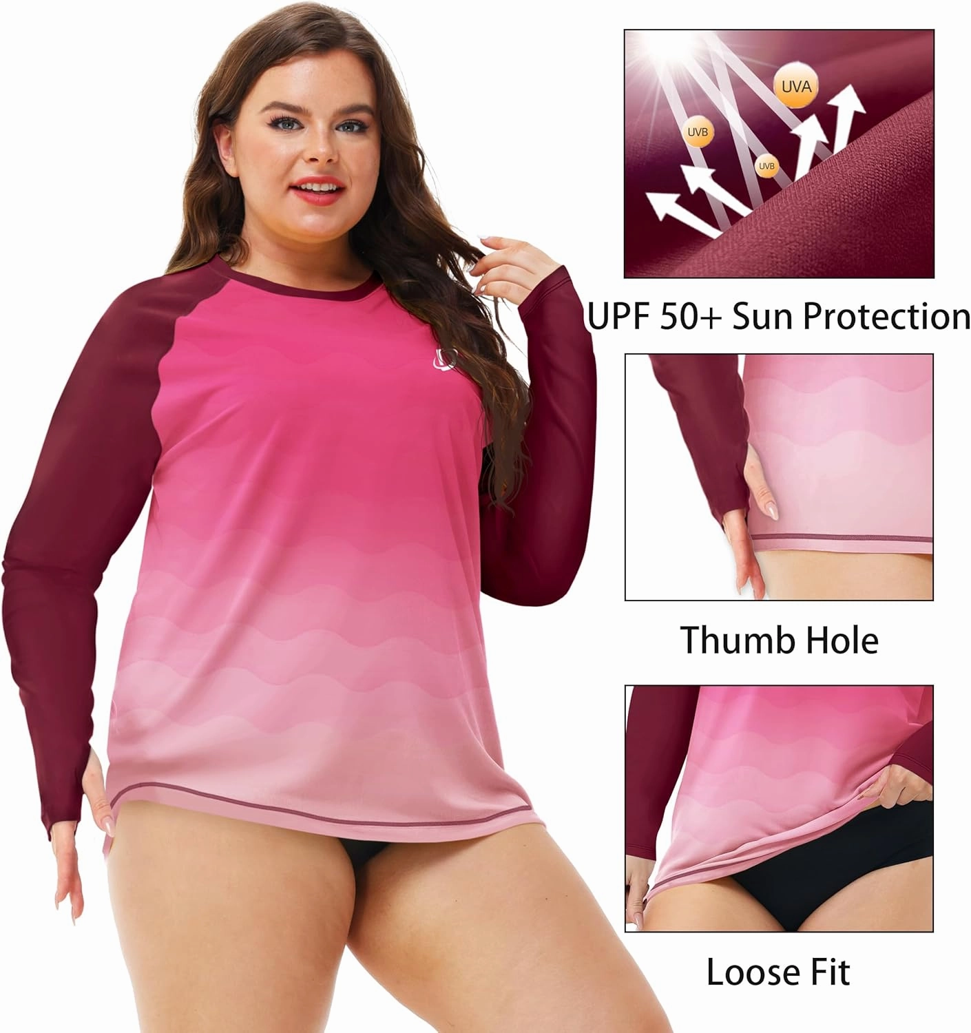 Deerose Womens Plus Size Rash Guard Long Sleeve Swim Shirts with Thumb Hole