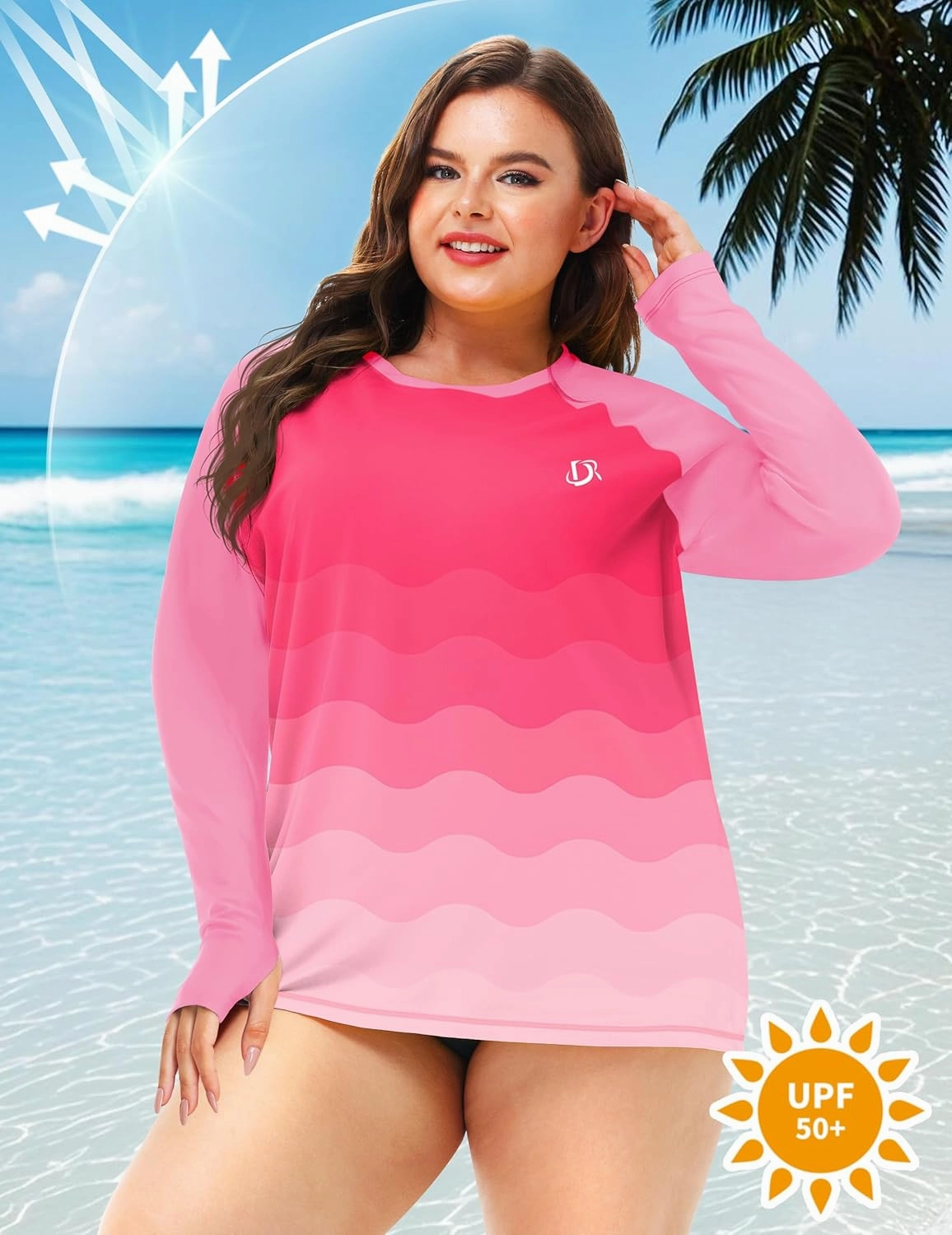 Deerose Womens Plus Size Rash Guard Long Sleeve Swim Shirts with Thumb Hole