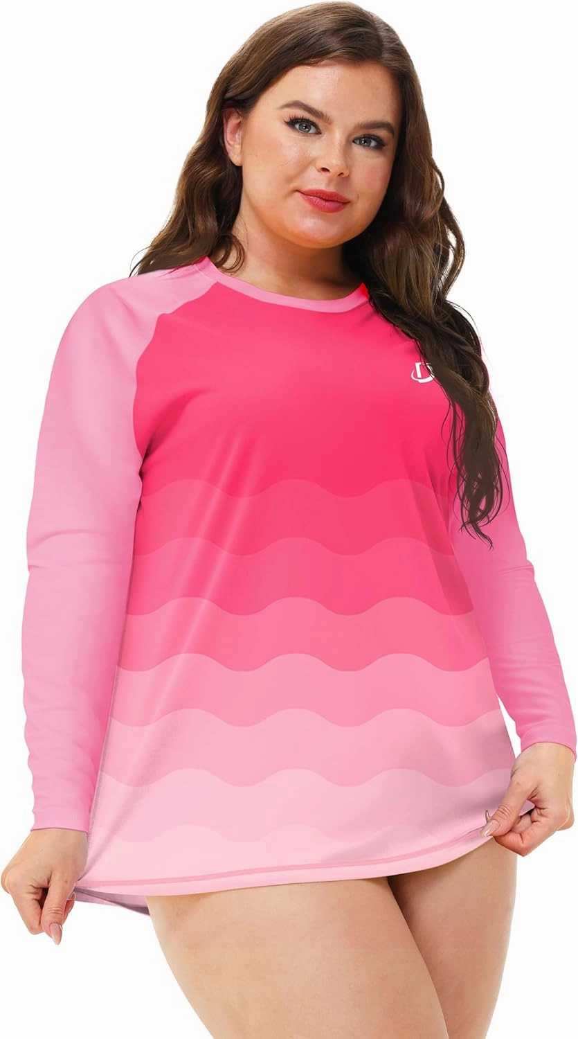Deerose Womens Plus Size Rash Guard Long Sleeve Swim Shirts with Thumb Hole