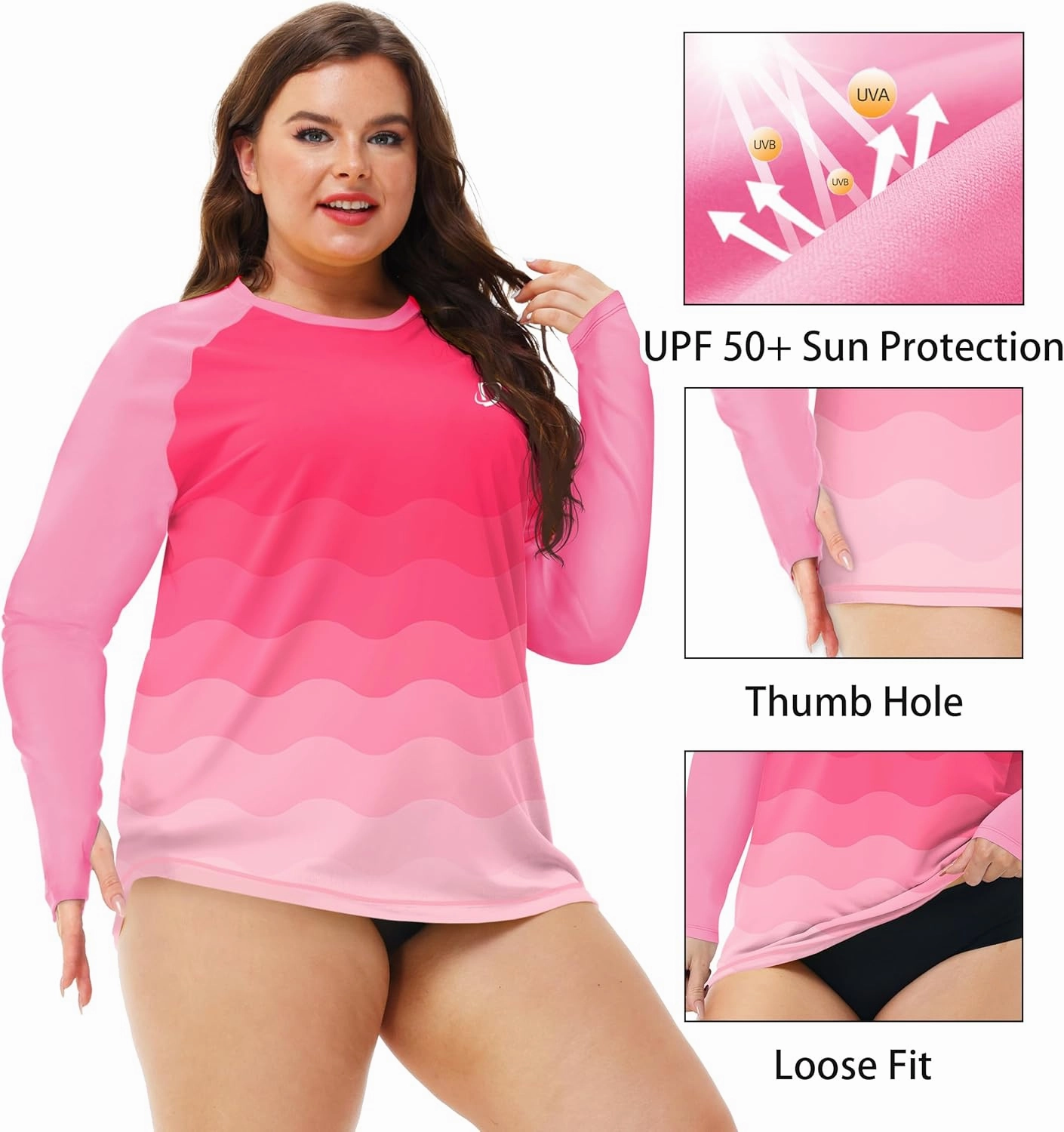 Deerose Womens Plus Size Rash Guard Long Sleeve Swim Shirts with Thumb Hole