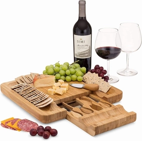 Deluxe Bamboo Cheese and Cracker Serving Tray with Hide-Away 4 Piece Utensils Set - Wine and Cheese Party Platter - Wine Gift - By HouseVines
