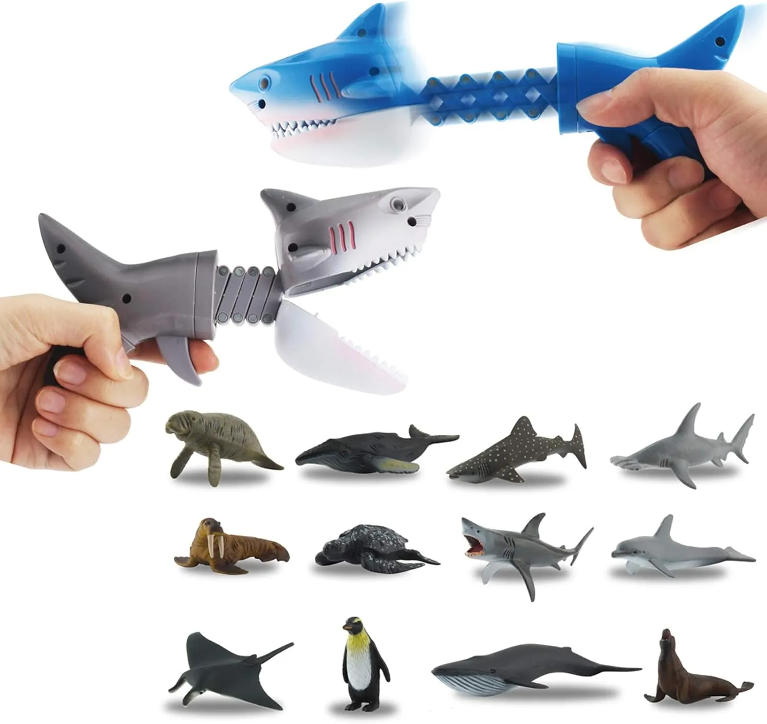 DINOBROS Hungry Shark Grabber Toys 2 Shark Grabbers with 12 Mini Sea Animals Figure Playset Claw Chomper Toy Bite Game for Boys