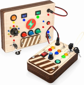 DINORUN Busy Board Montessori Wooden Sensory Toys for Toddlers with LED Light, Autism Sensory Products Travel Toys for 18  Months Boys Girls Birthday Gifts (2 PCS)