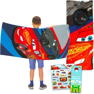 Disney Cars Beach Towel Set - Bundle with Lightning McQueen Pool Towel Plus Cars Stickers and More (Cars Beach Towel for Kids and Adults)