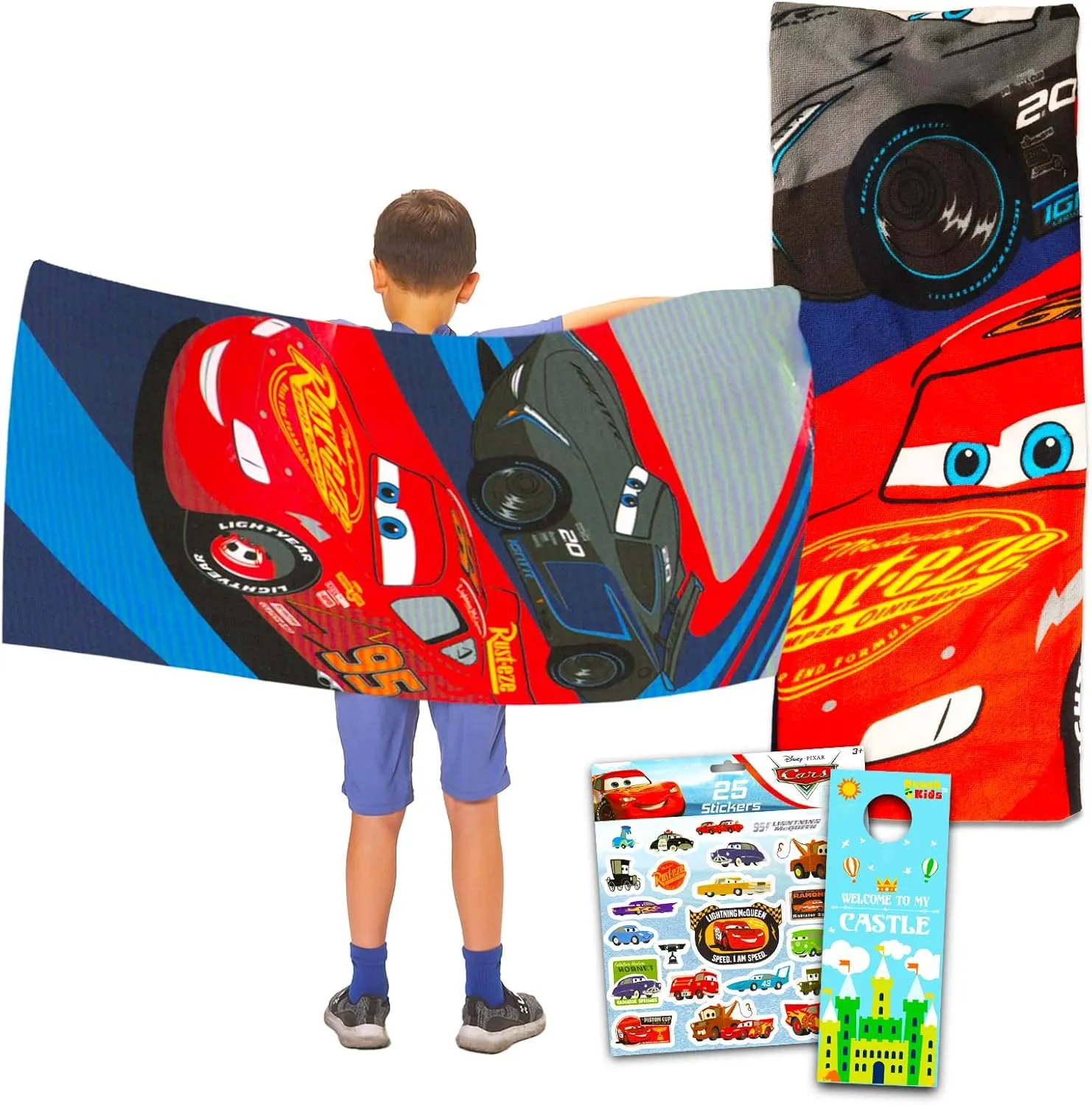 Disney Cars Beach Towel Set - Bundle with Lightning McQueen Pool Towel Plus Cars Stickers and More (Cars Beach Towel for Kids and Adults)