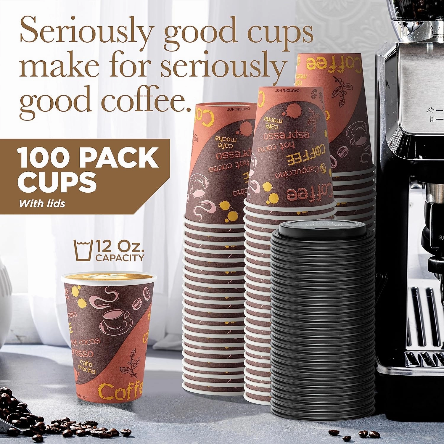Disposable Coffee Cups with Lids 12 oz (100 Pack) - To Go Paper Coffee Cups for Hot & Cold Beverages, Tea, Hot Chocolate, Water, Juice, Eco Friendly