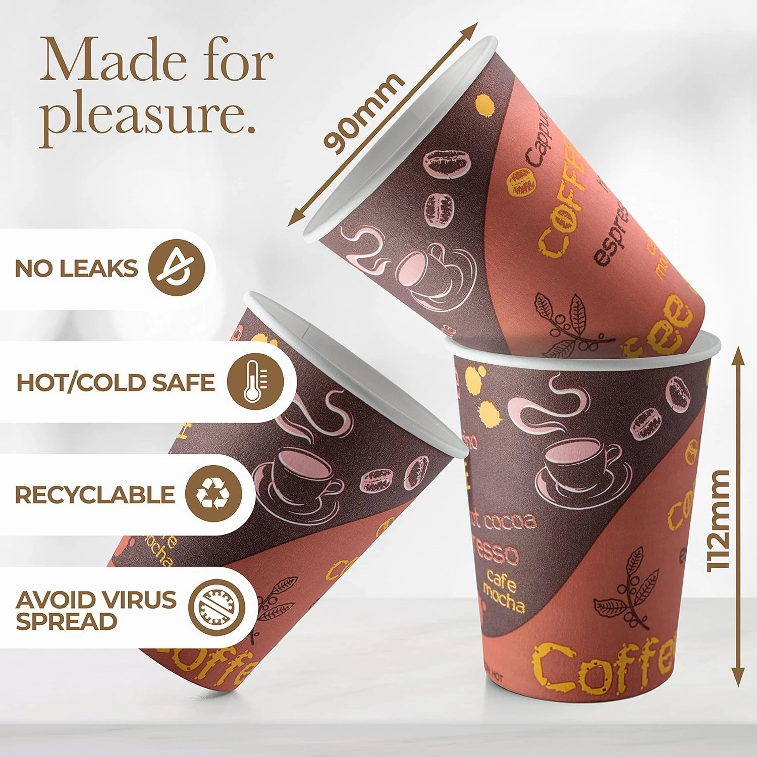 Disposable Coffee Cups with Lids 12 oz (100 Pack) - To Go Paper Coffee Cups for Hot & Cold Beverages, Tea, Hot Chocolate, Water, Juice, Eco Friendly