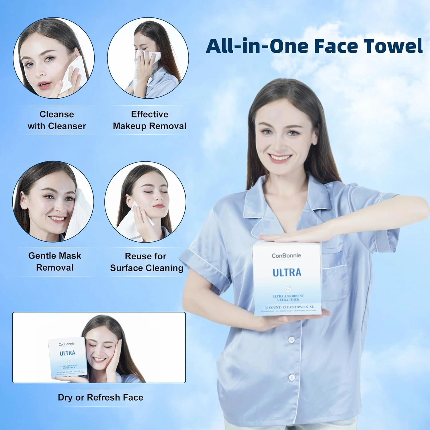 Disposable Face Towel XL, Ultra Ed., 10"×12" Bio-based Facial Towels, Extra Thick Soft Large Face Towelettes, Makeup Remover Dry Wipes for All Skin Types, Facial Tissue,200 Count (4 Pack)