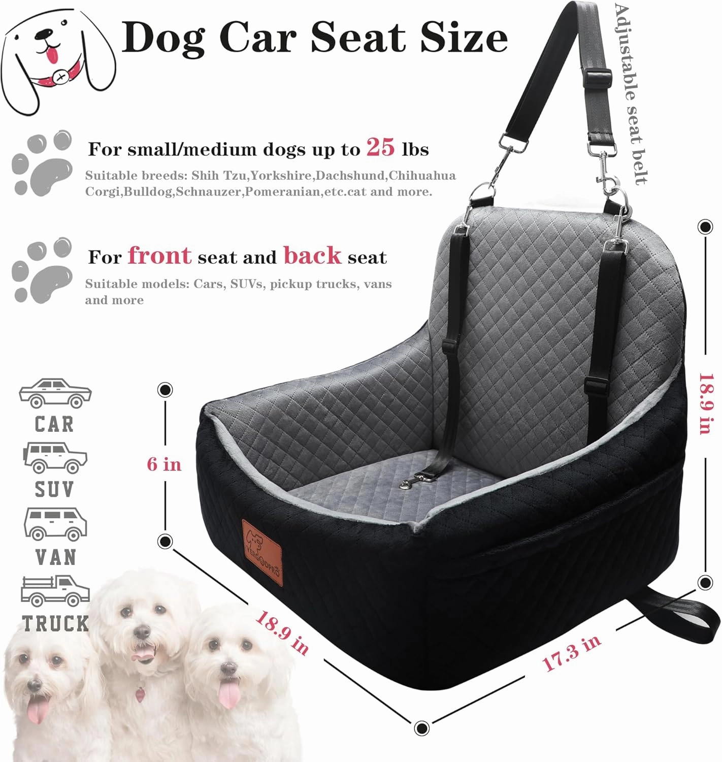 Dog Car Seat for Small Dogs,2 Adjustable Safety Puppies Leashes,Memory Foam with Soft Fabric Pets Travel Car Bed with Non-Slip Bottom,Easily Installed in Front and Back Seats,Removable and Washable.